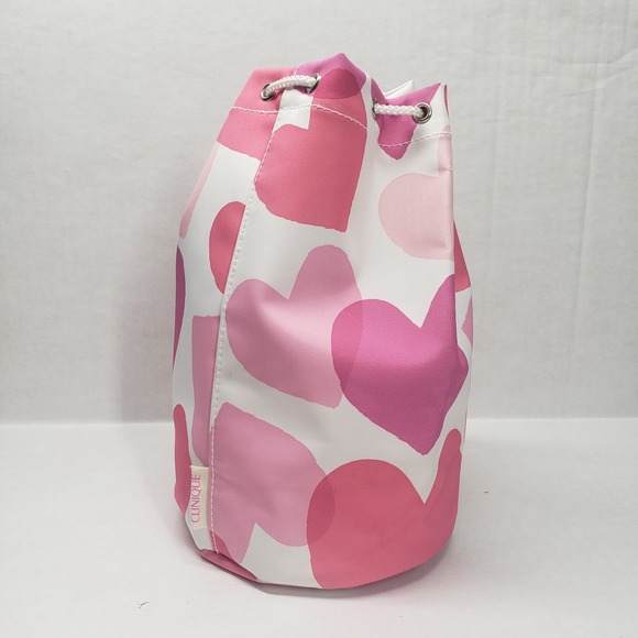 Clinique Handbags - Clinique Makeup Bag Pink White Hearts Cosmetic Pouch Drawstring Travel Case
